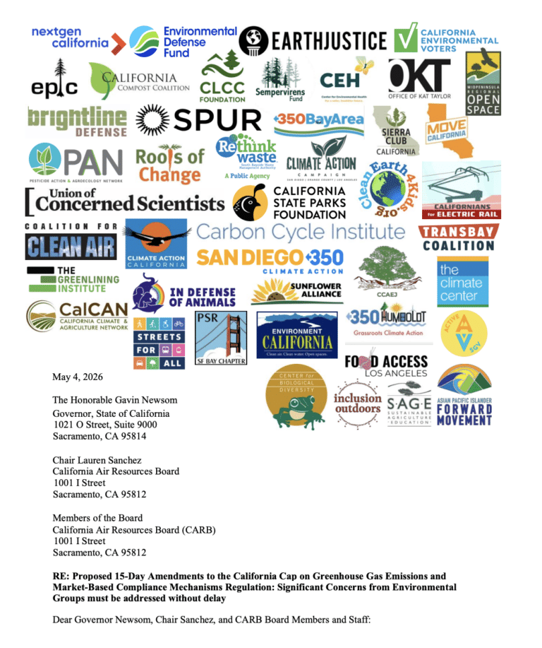 Cap-and-invest sign on letter featuring 45 organizations across CA pushing CA leadership to not subsidize big oil.